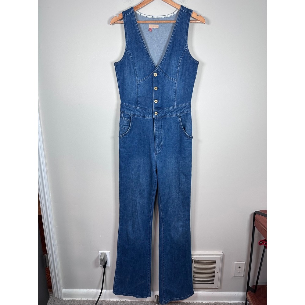 Pilcro Denim Jumpsuit Women 8 Blue Boho Retro 70s Flare Button Front Sleeveless - Picture 2 of 7